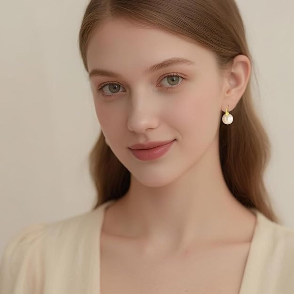Drop Pearl Earrings for Women, 18K Gold-Plated Hoop Earring, Large 16mm Pearl